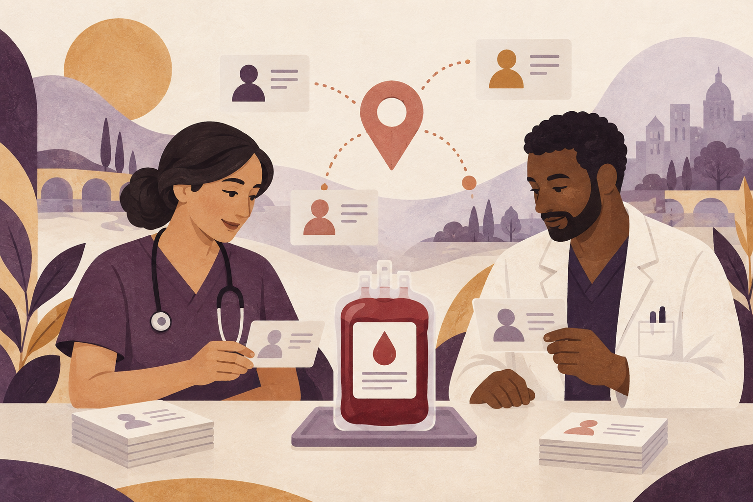 Illustration of healthcare workers coordinating blood-product requests