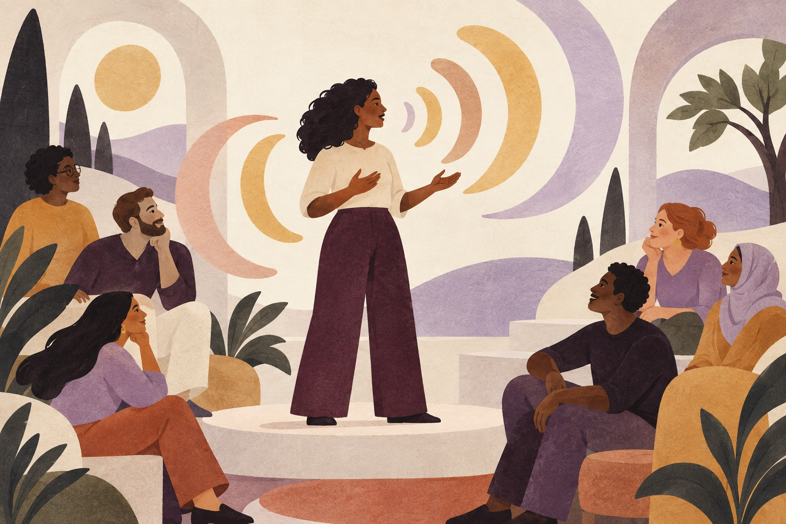 Illustration of a person speaking and a community listening