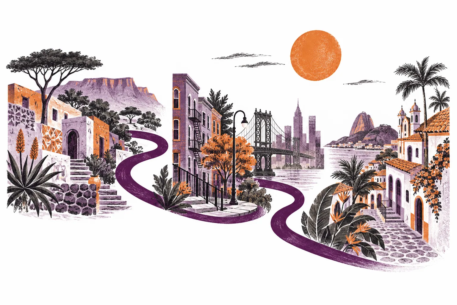 Editorial illustration of connected streetscapes across countries