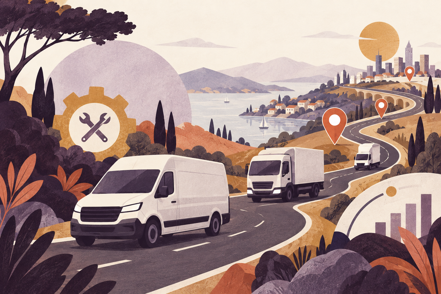 Illustration of a vehicle fleet with location markers and maintenance symbols