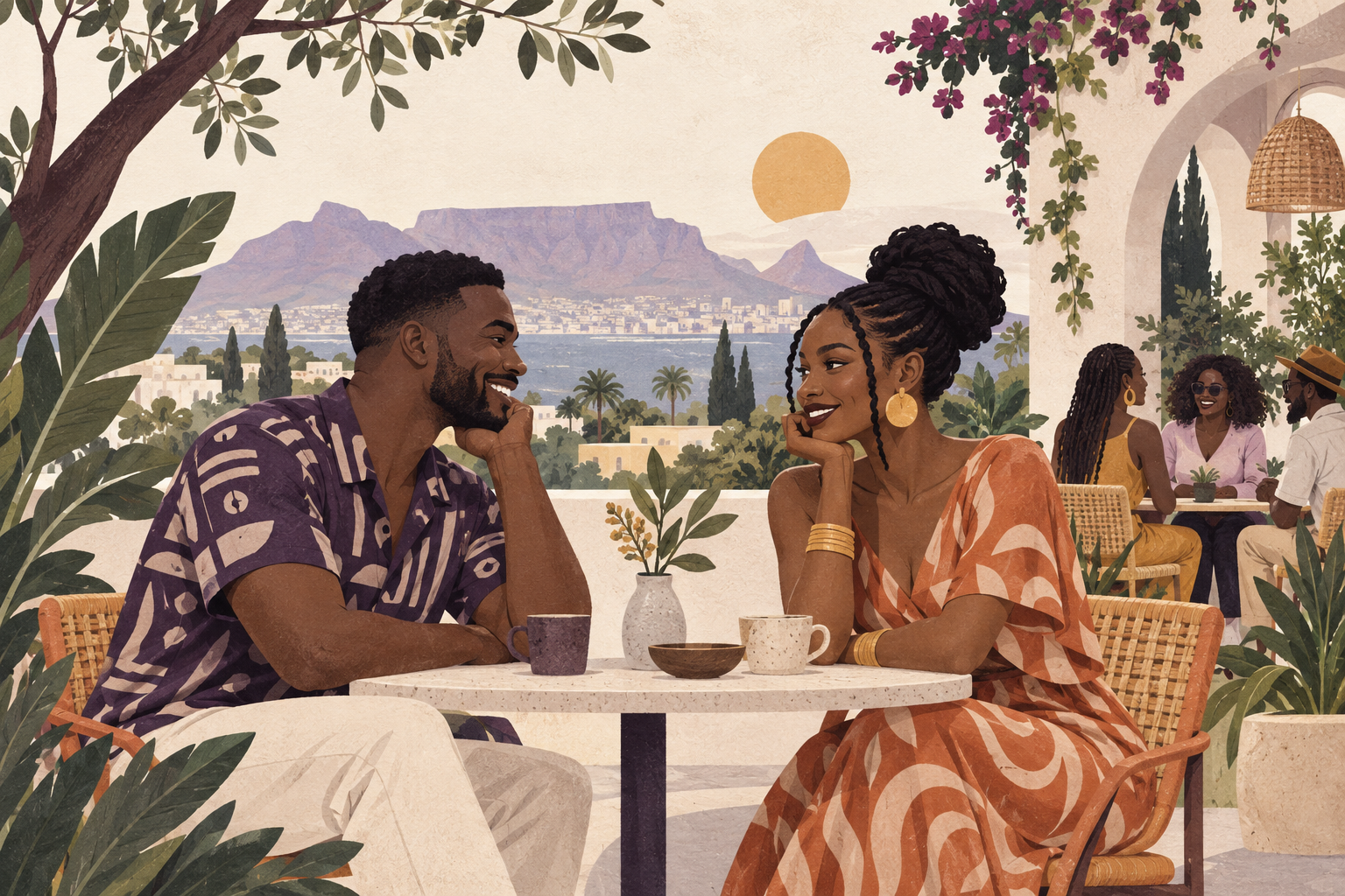 Illustration of a couple talking at a garden café